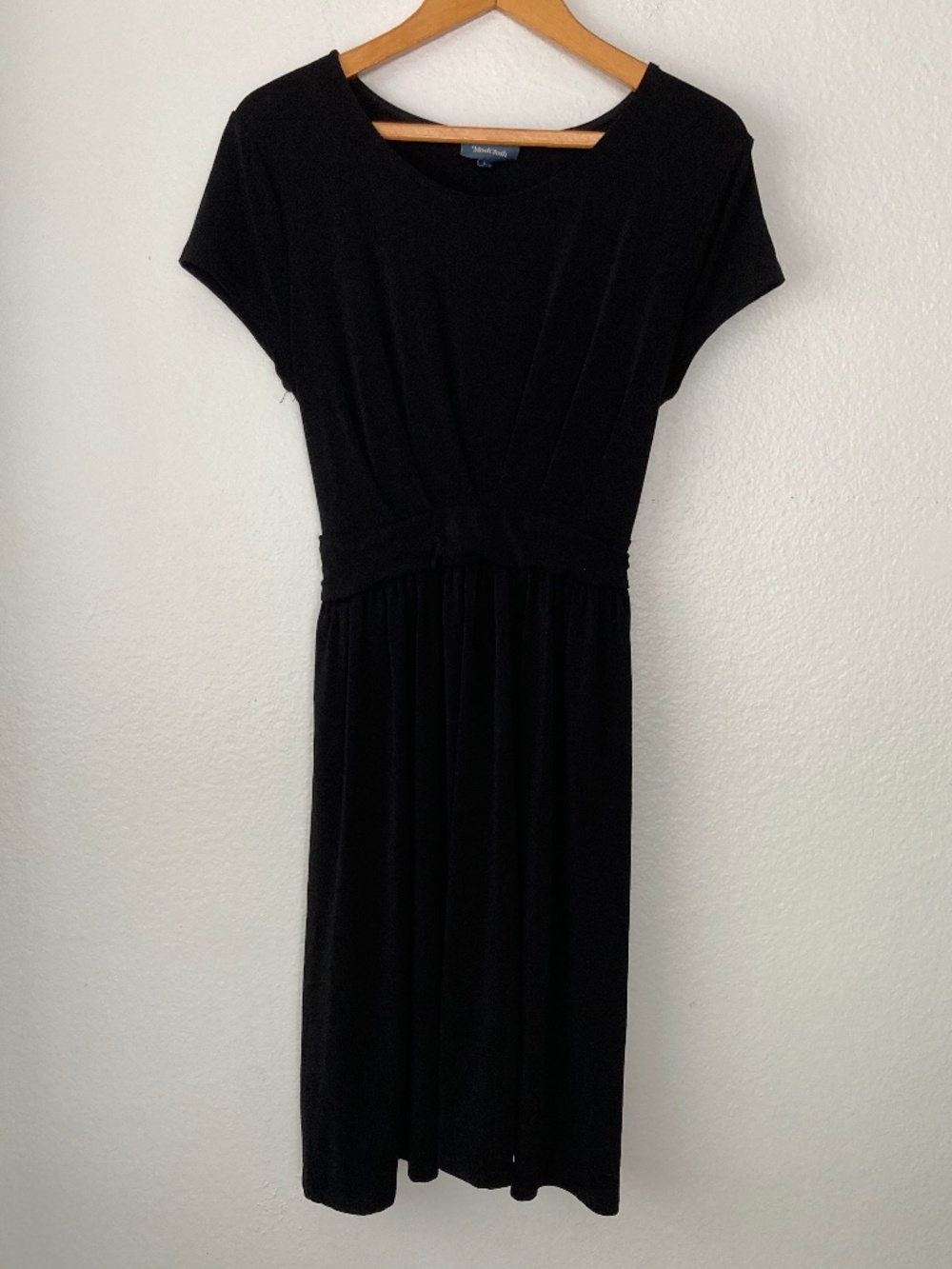 ModCloth Black Fit& Flare Midi Dress LBD Large Bow Classic Stretch Minimalist